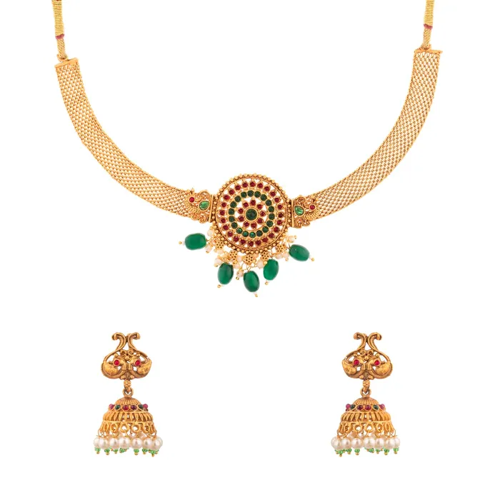 Temple Jewellery Set Gold Toned Choker Earrings Adjustable 39cm Traditional Yellow Chimes Earrings Temple Jewellery Set Gold Toned Choker Earrings Adjustable 39cm Traditional Yellow Chimes Earrings