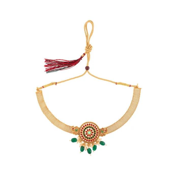 Temple Jewellery Set Gold Toned Choker Earrings Adjustable 39cm Traditional Yellow Chimes Earrings