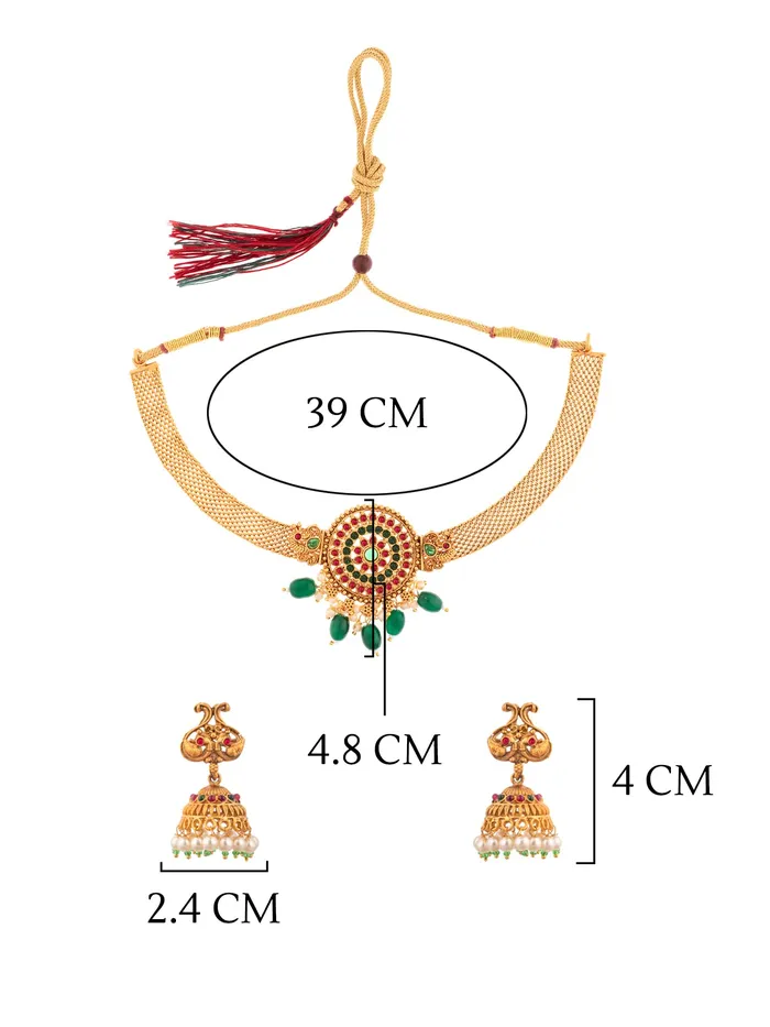 Temple Jewellery Set Gold Toned Choker Earrings Adjustable 39cm Traditional Yellow Chimes Earrings