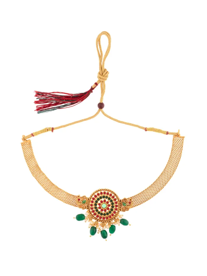 Temple Jewellery Set Gold Toned Choker Earrings Adjustable 39cm Traditional Yellow Chimes Earrings