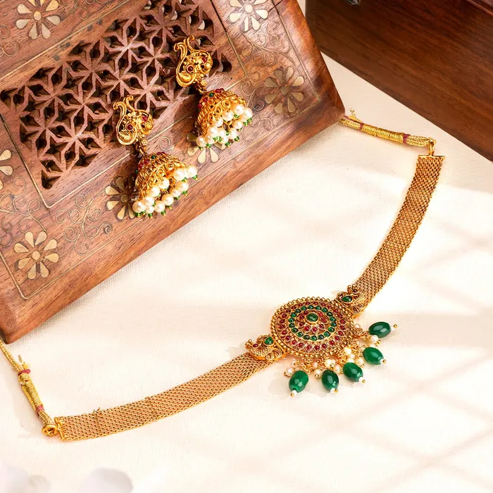 Temple Jewellery Set Gold Toned Choker Earrings Adjustable 39cm Traditional Yellow Chimes Earrings