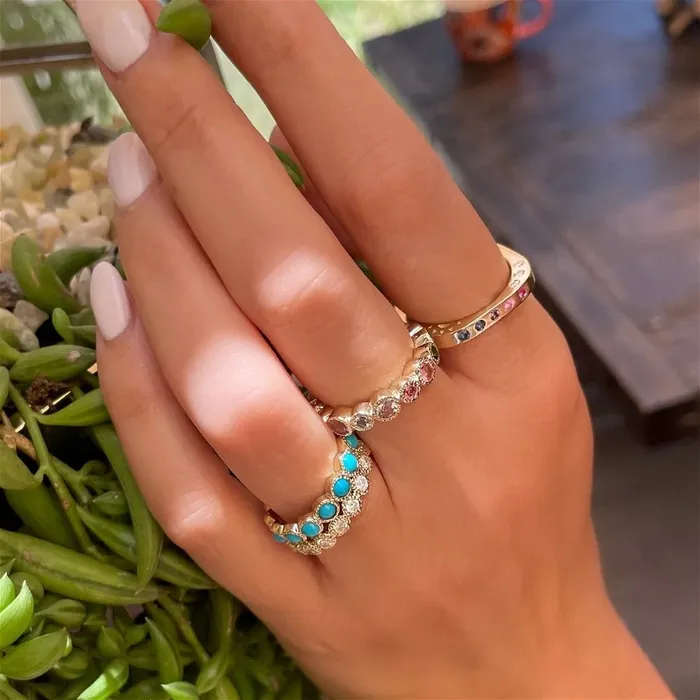 Three Stories Jewelry Rings MultiStone Square Engraved Love Band Three Stories Jewelry Rings MultiStone Square Engraved Love Band