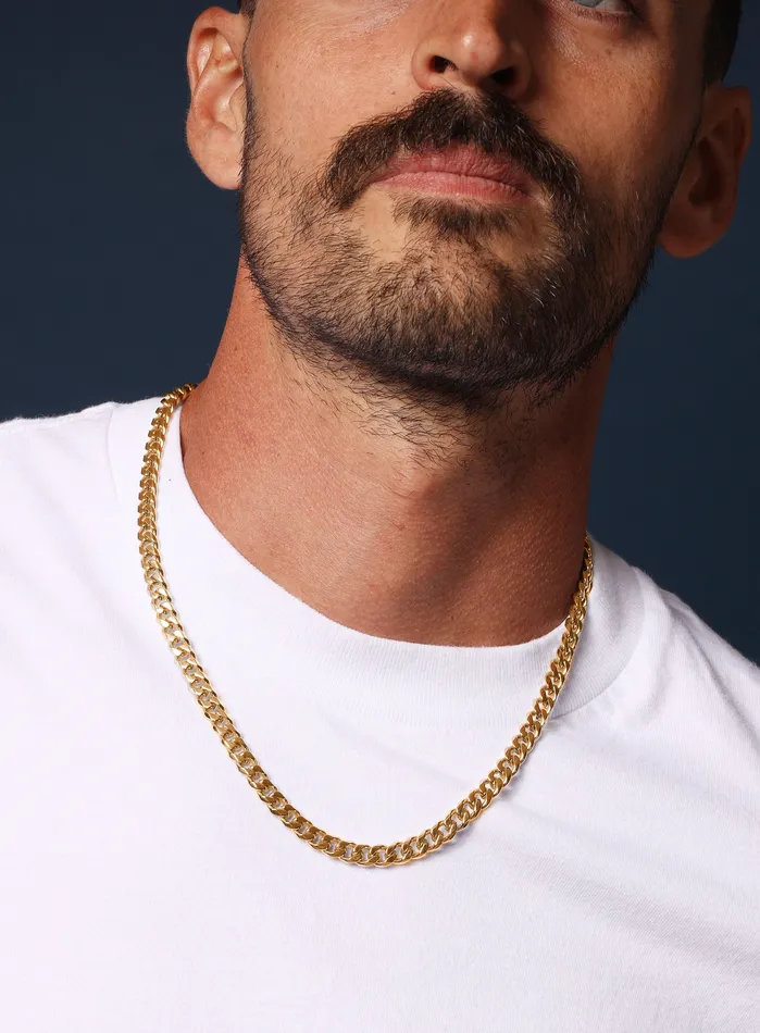 WE ARE ALL SMITH Mens Jewelry Clothing Necklaces 7mm 14k Gold plated Stainless Steel Bevel Cuban Chain