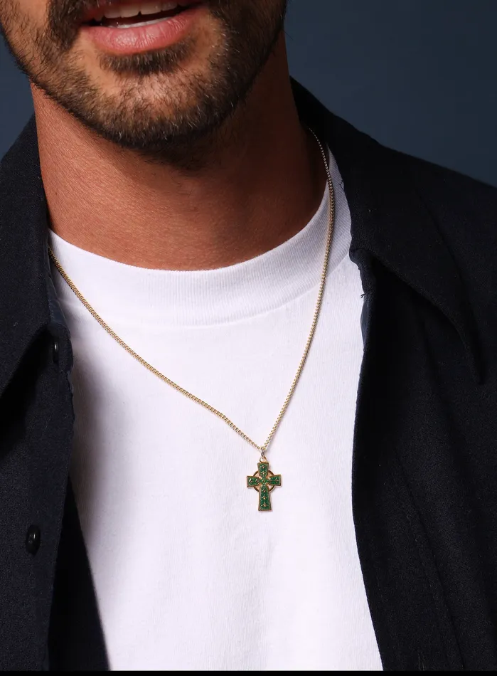 WE ARE ALL SMITH Mens Jewelry Clothing Necklaces Gold Celtic Cross with Green enamel Necklace