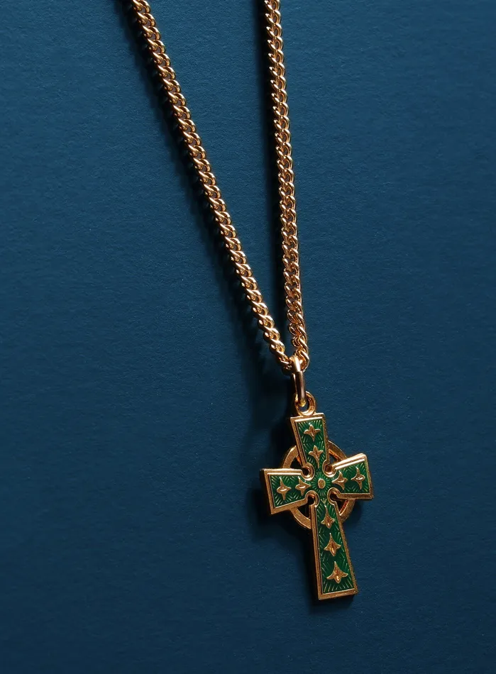 WE ARE ALL SMITH Mens Jewelry Clothing Necklaces Gold Celtic Cross with Green enamel Necklace