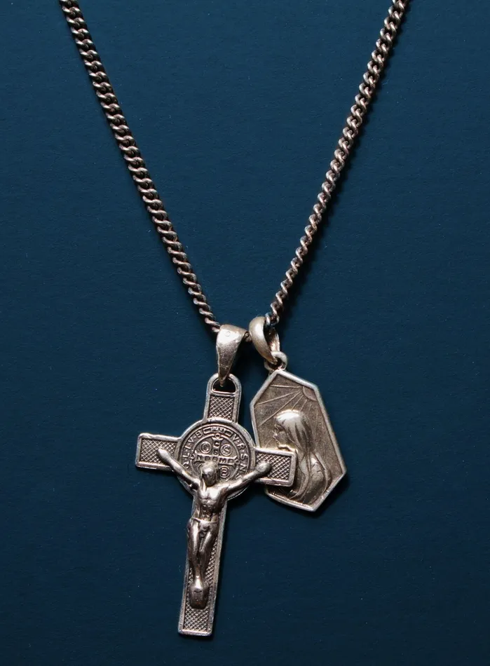 WE ARE ALL SMITH Mens Jewelry Clothing Necklaces Mens silver Crucifix and Mary medal necklace