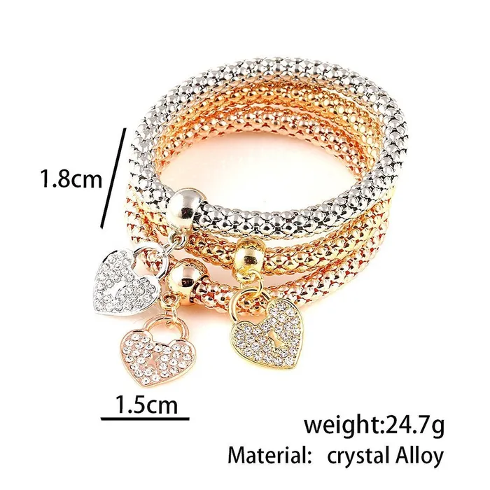 YELLOW CHIMES 3 Pcs Alloy and Australian Crystals Heart Charms Elastic Bangles and Bracelet for Women Girls Free Size Yellow Chimes Bracelets