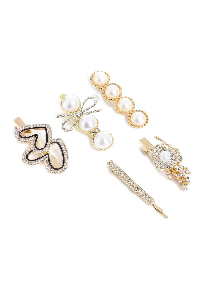 Yellow Chimes 5 Pcs Pearl Crystal Studded Stylish Mix Design Hair Clips Alligator Clips for Women Girls Yellow Chimes Necklaces