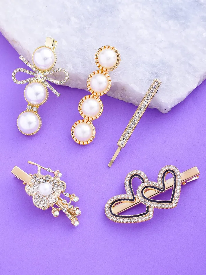 Yellow Chimes 5 Pcs Pearl Crystal Studded Stylish Mix Design Hair Clips Alligator Clips for Women Girls Yellow Chimes Necklaces