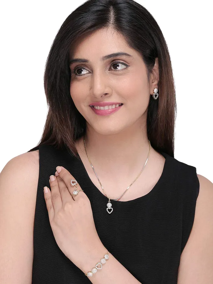 Yellow Chimes ADAmerican Diamond Set Crystal White Gold Plated Heart Pendant Set with Bracelet Ring Jewellery Set for Women Girls Yellow Chimes Necklaces