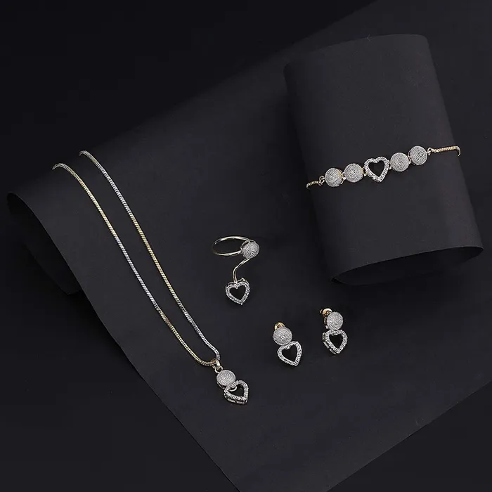 Yellow Chimes ADAmerican Diamond Set Crystal White Gold Plated Heart Pendant Set with Bracelet Ring Jewellery Set for Women Girls Yellow Chimes Necklaces