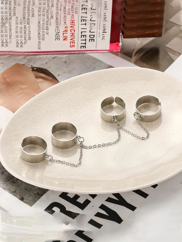 Yellow Chimes Adjustable Chain Rings For Women Chain Linked Combo Rings pack of 4 Silver Plated Finger Ring for Girls Birthday Gift For Girls Women Anniversary Gift for Wife Yellow Chimes Necklaces