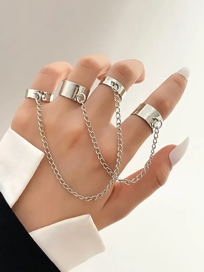 Yellow Chimes Adjustable Chain Rings For Women Chain Linked Combo Rings pack of 4 Silver Plated Finger Ring for Girls Birthday Gift For Girls Women Anniversary Gift for Wife Yellow Chimes Necklaces
