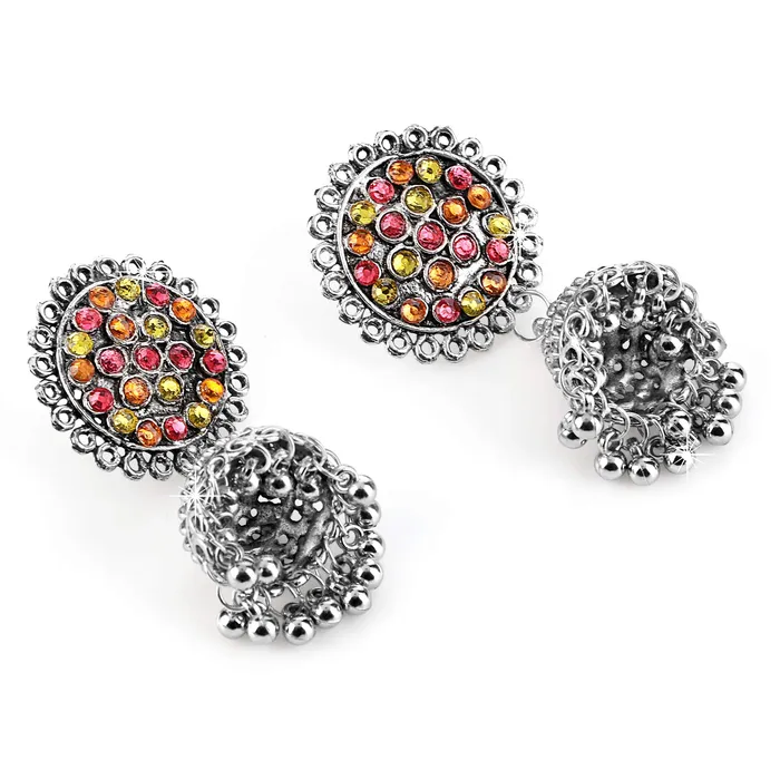Yellow Chimes Afghani Style Studded Stone Oxidized Silver Traditional Jhumka Earrings for Women and Girls Yellow Chimes Bracelets