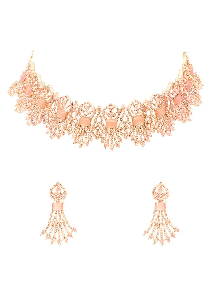 Yellow Chimes American Diamond Jewellery Set for Women Rosegold Plated Bridal Wedding Pink AD Jewellery Necklace Set for Women and Girls Yellow Chimes Earrings Yellow Chimes American Diamond Jewellery Set for Women Rosegold Plated Bridal Wedding Pink AD Jewellery Necklace Set for Women and Girls Yellow Chimes Earrings