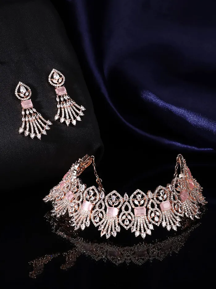 Yellow Chimes American Diamond Jewellery Set for Women Rosegold Plated Bridal Wedding Pink AD Jewellery Necklace Set for Women and Girls Yellow Chimes Earrings