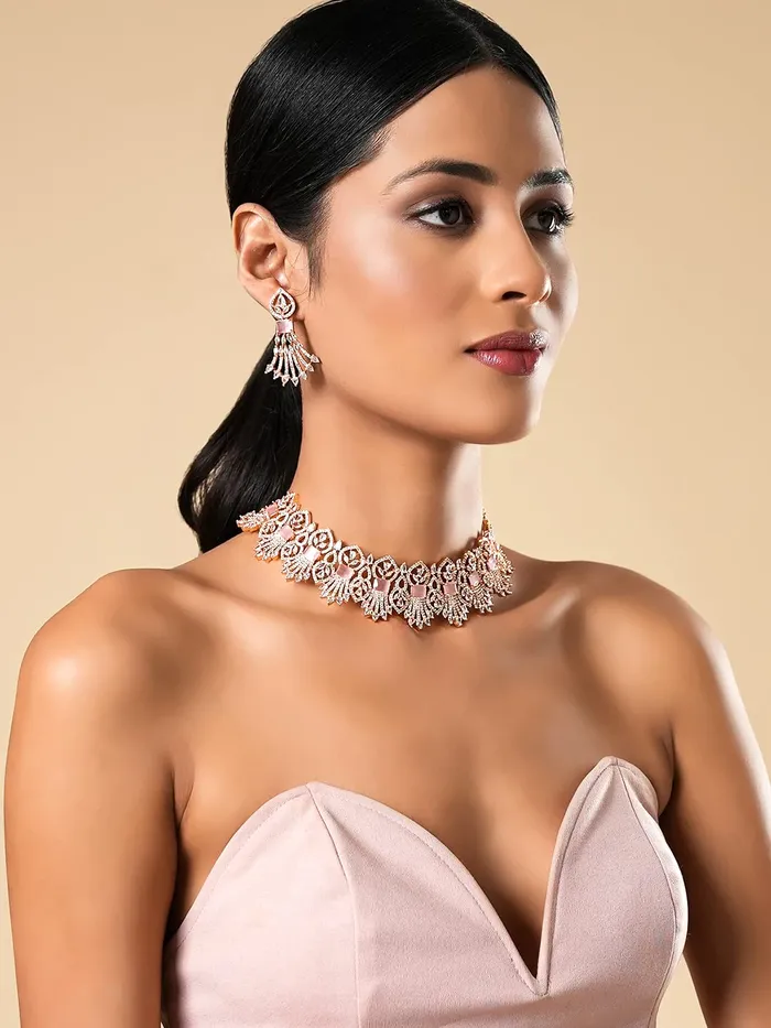 Yellow Chimes American Diamond Jewellery Set for Women Rosegold Plated Bridal Wedding Pink AD Jewellery Necklace Set for Women and Girls Yellow Chimes Earrings
