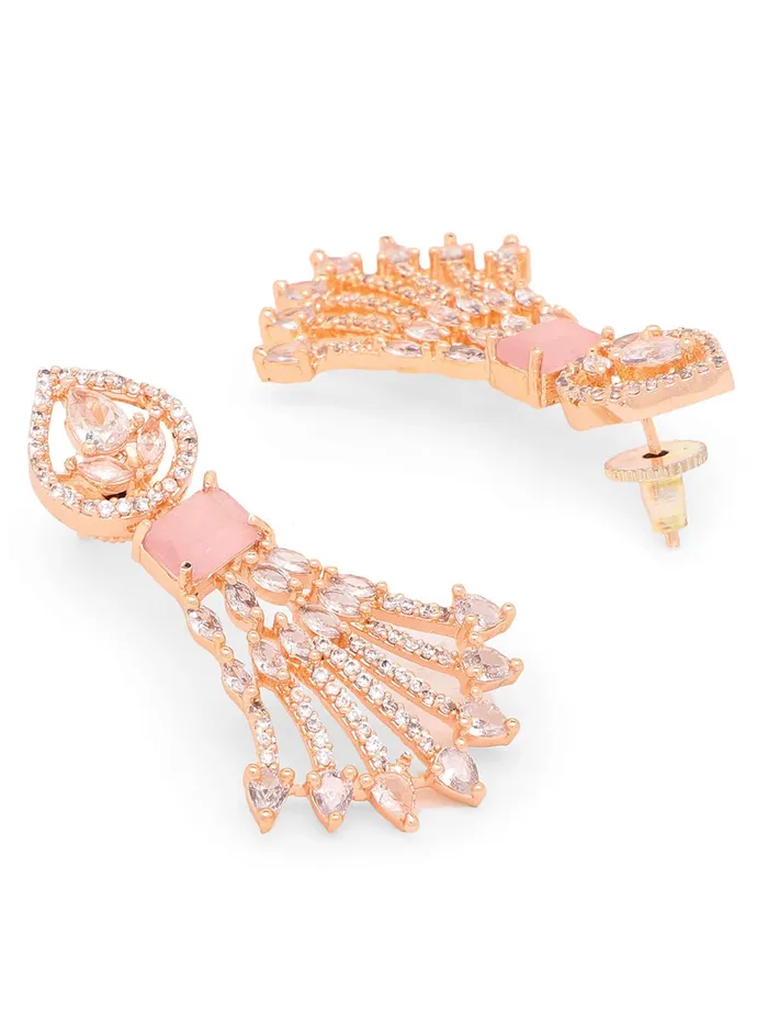 Yellow Chimes American Diamond Jewellery Set for Women Rosegold Plated Bridal Wedding Pink AD Jewellery Necklace Set for Women and Girls Yellow Chimes Earrings