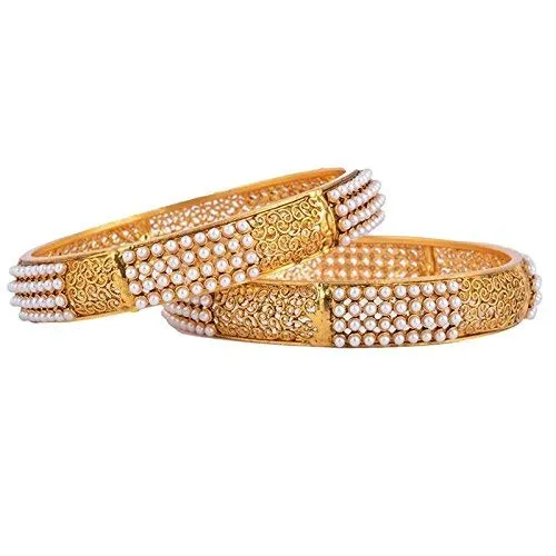 Yellow Chimes Bangles for Women Gold Plated Broad Hand Crafted Pearl Antique Traditional 2 Pcs Bangles for Woemen and Girls Yellow Chimes Necklaces