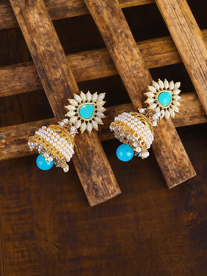 Yellow Chimes Bollywood Celebrity Party Wear Traditional Pearl Moti JhumkaJhumki Earrings for Women and Girls Blue Yellow Chimes Necklaces