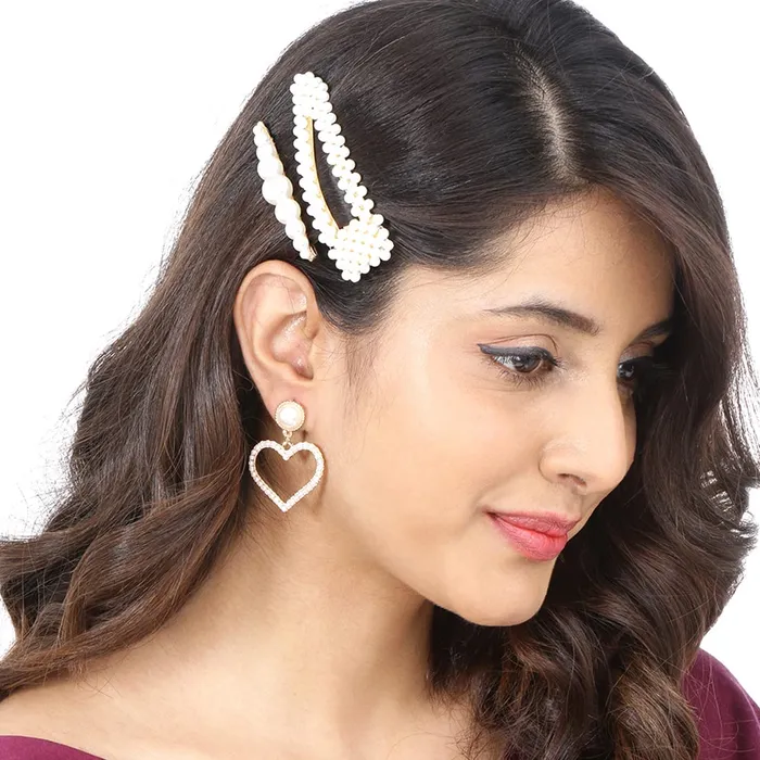 Yellow Chimes Bracelets Yellow Chimes Combo of 3 Pairs Gold Plated Heart Shape Pearl Drop Hoop Earrings and Pearl Design Hair Clip Set for Women and Girls Medium YCFJERPRLDGNSCGL