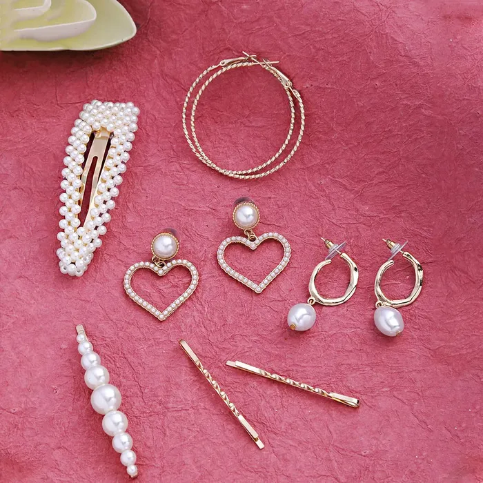 Yellow Chimes Bracelets Yellow Chimes Combo of 3 Pairs Gold Plated Heart Shape Pearl Drop Hoop Earrings and Pearl Design Hair Clip Set for Women and Girls Medium YCFJERPRLDGNSCGL