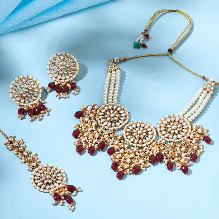 Yellow Chimes Bracelets Yellow Chimes Jewellery Set for Women and Girls Kundan Necklace Set Gold Plated Green Beads Studded Kundan Choker Necklace Set Birthday Gift for girls and women Anniversary Gift for Wife