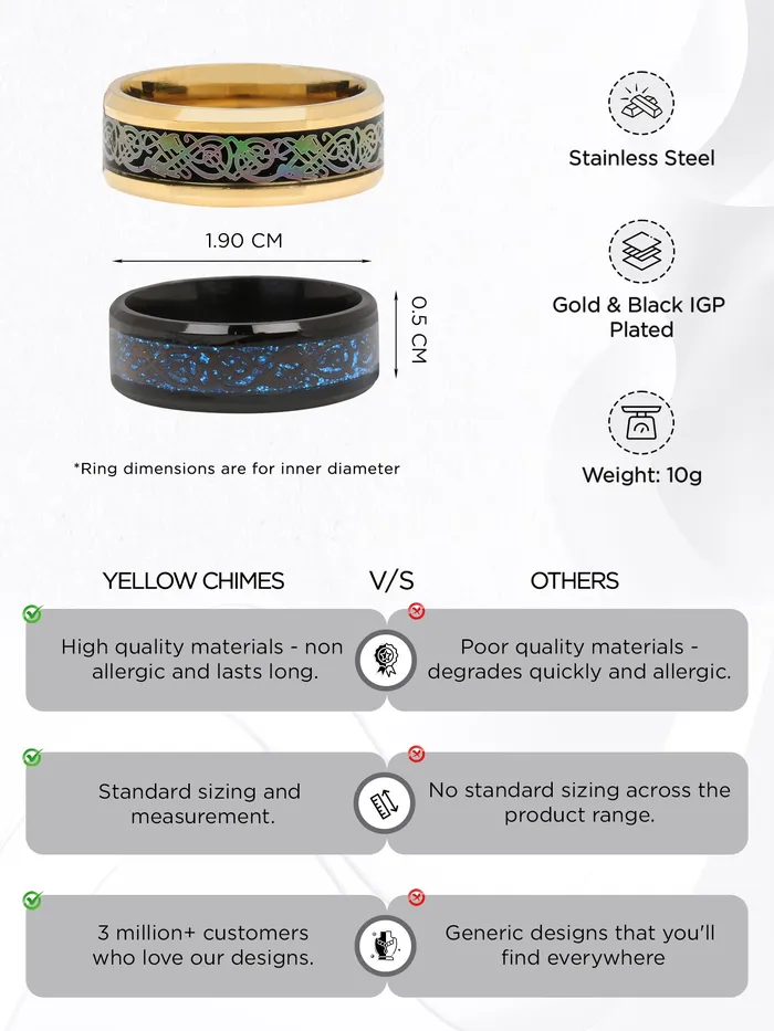 Yellow Chimes Bracelets Yellow Chimes Rings for Men Pack of 2 Combo Rings Stainless Steel Ring Blue Black and Gold tone Dragon Celtic Rings Combo for Men and Boys Ideal Gift For Men and Boys