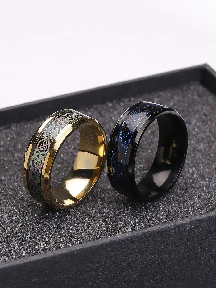 Yellow Chimes Bracelets Yellow Chimes Rings for Men Pack of 2 Combo Rings Stainless Steel Ring Blue Black and Gold tone Dragon Celtic Rings Combo for Men and Boys Ideal Gift For Men and Boys