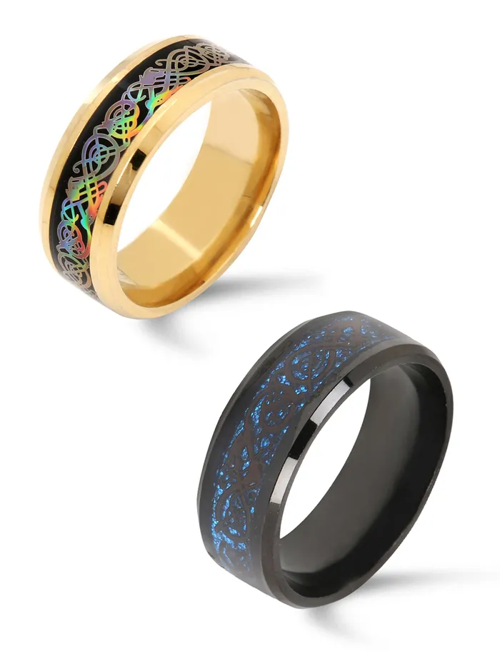 Yellow Chimes Bracelets Yellow Chimes Rings for Men Pack of 2 Combo Rings Stainless Steel Ring Blue Black and Gold tone Dragon Celtic Rings Combo for Men and Boys Ideal Gift For Men and Boys