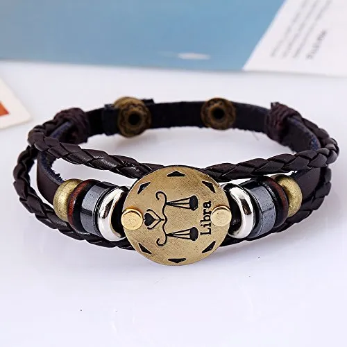 Yellow Chimes Bracelets Yellow Chimes Zodiac Sign Constellation Handmade Brown Leather Bracelet For Men and WomenUnisex Libra