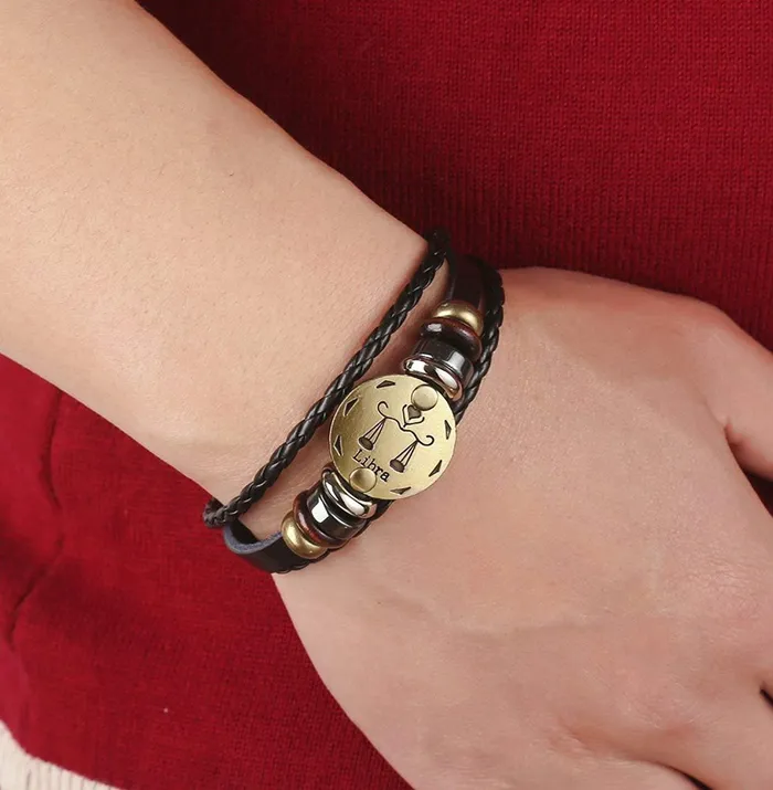 Yellow Chimes Bracelets Yellow Chimes Zodiac Sign Constellation Handmade Brown Leather Bracelet For Men and WomenUnisex Libra