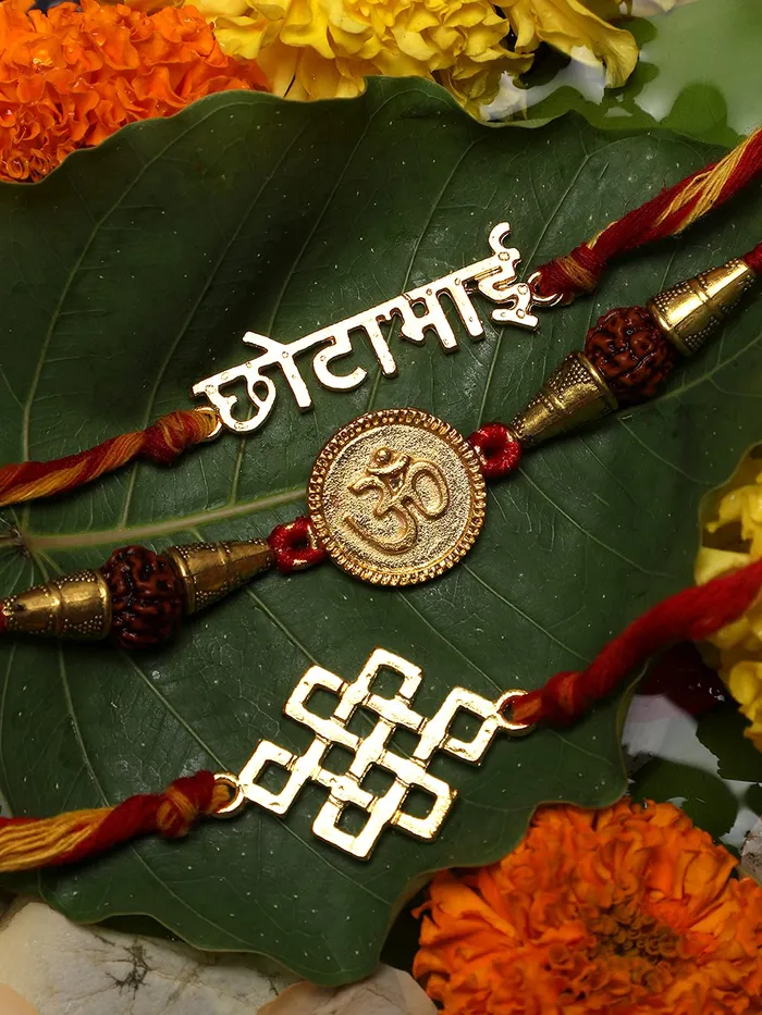 Yellow Chimes Combo of 3 Pcs Handmade Dori Worked Gold Toned OM Chota Bhai and Celtic Design Rakhi for Brother with Roli Chawal Red Gold Medium YCTJRK19BHAYGL for Men Yellow Chimes Necklaces