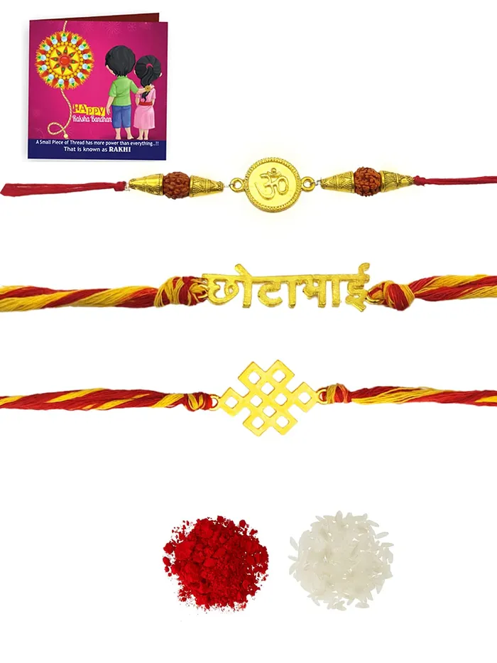 Yellow Chimes Combo of 3 Pcs Handmade Dori Worked Gold Toned OM Chota Bhai and Celtic Design Rakhi for Brother with Roli Chawal Red Gold Medium YCTJRK19BHAYGL for Men Yellow Chimes Necklaces