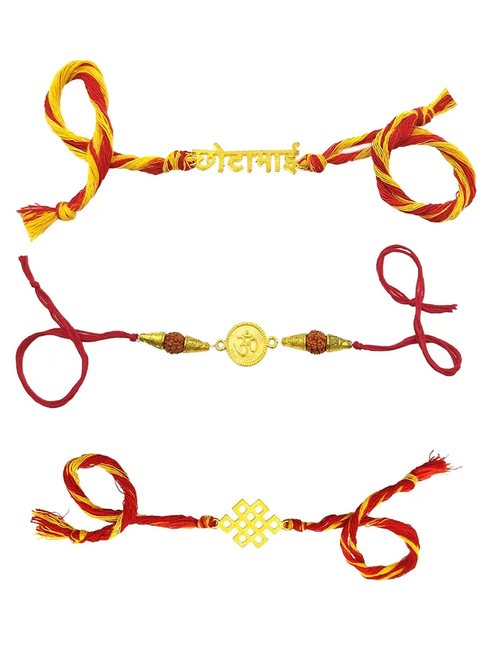 Yellow Chimes Combo of 3 Pcs Handmade Dori Worked Gold Toned OM Chota Bhai and Celtic Design Rakhi for Brother with Roli Chawal Red Gold Medium YCTJRK19BHAYGL for Men Yellow Chimes Necklaces