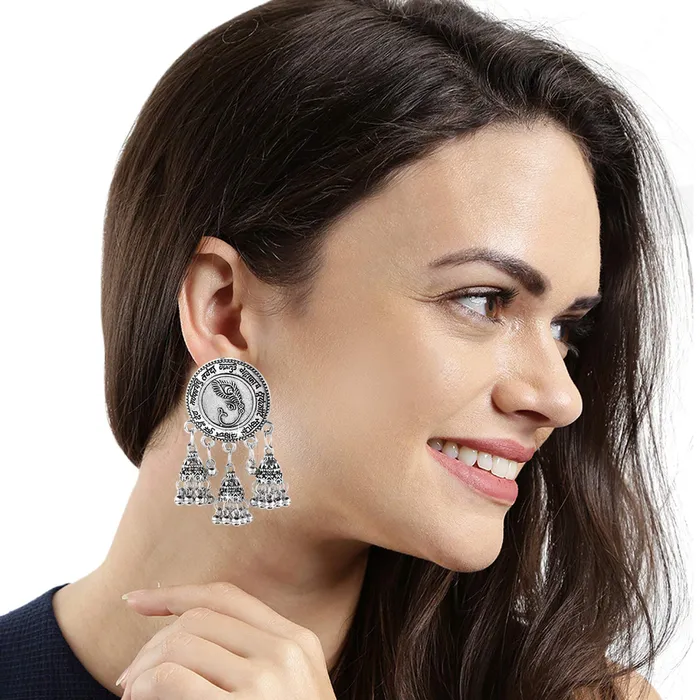 Yellow Chimes Designer Peacock Feather Sanskrit Shloka Mantra Carved Script Oxidized Silver Plated JhumkaJhumki Earrings for Women and Girls Yellow Chimes Earrings