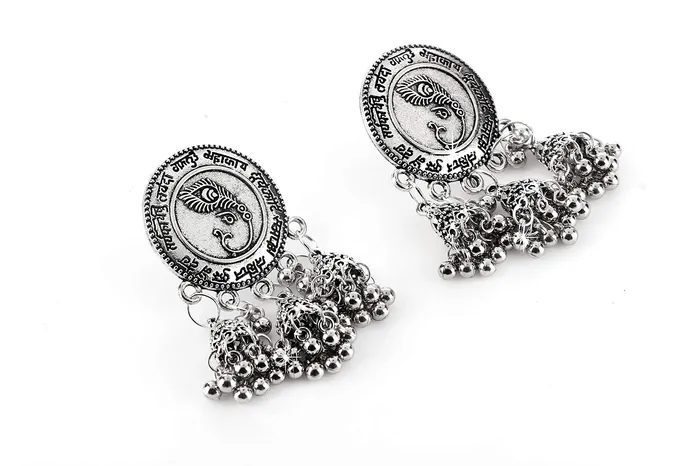 Yellow Chimes Designer Peacock Feather Sanskrit Shloka Mantra Carved Script Oxidized Silver Plated JhumkaJhumki Earrings for Women and Girls Yellow Chimes Earrings