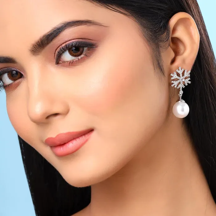 Yellow Chimes Earrings American Diamond Drop Silver Tone Pearl Design Length 36cm White Yellow Chimes Necklaces