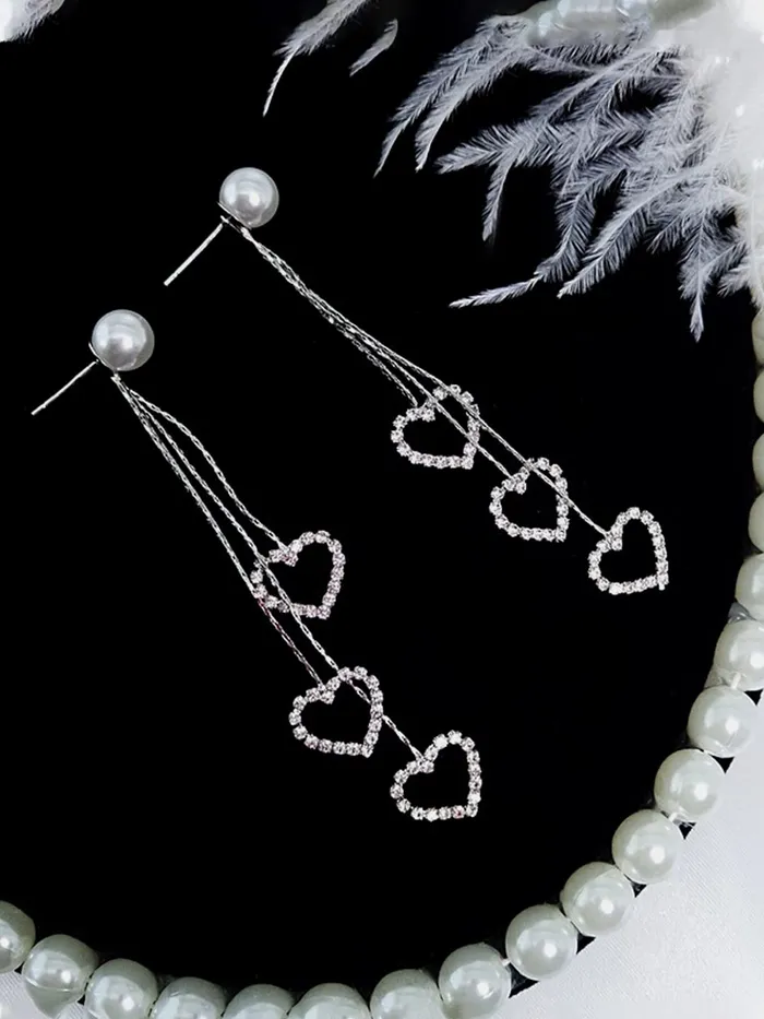 Yellow Chimes Earrings for Women Girls Silver Pearl Dangler Earrings Silver Toned Heart Shaped Long Chain Danglers Earrings for Women Birthday Anniversary Gift Yellow Chimes Necklaces