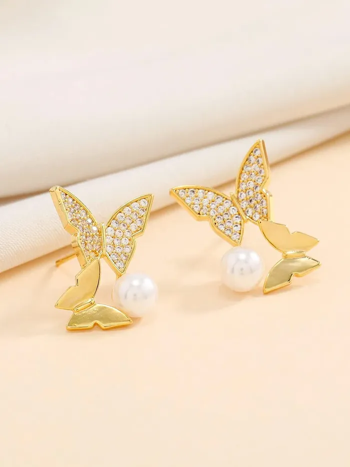 Yellow Chimes Earrings For Women Gold Tone Double Butterfly Attached Crystal Studded With White Pearl Drop Earrings For Women and Girls Yellow Chimes Necklaces