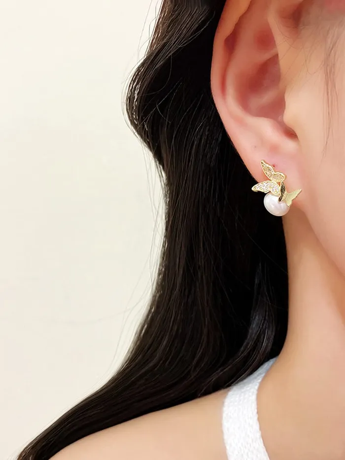 Yellow Chimes Earrings For Women Gold Tone Double Butterfly Attached Crystal Studded With White Pearl Drop Earrings For Women and Girls Yellow Chimes Necklaces
