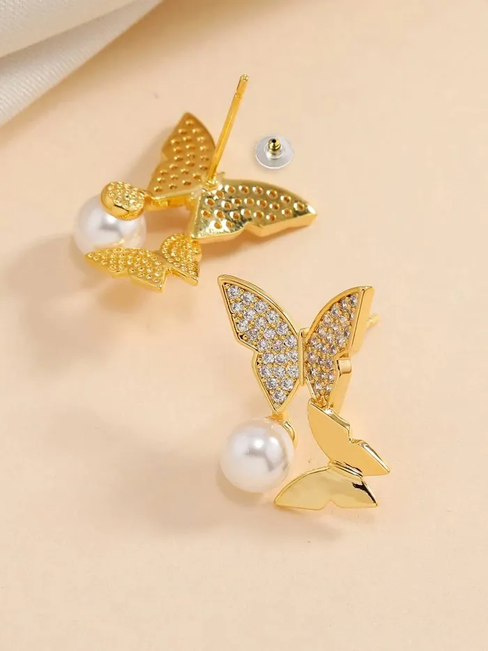 Yellow Chimes Earrings For Women Gold Tone Double Butterfly Attached Crystal Studded With White Pearl Drop Earrings For Women and Girls Yellow Chimes Necklaces