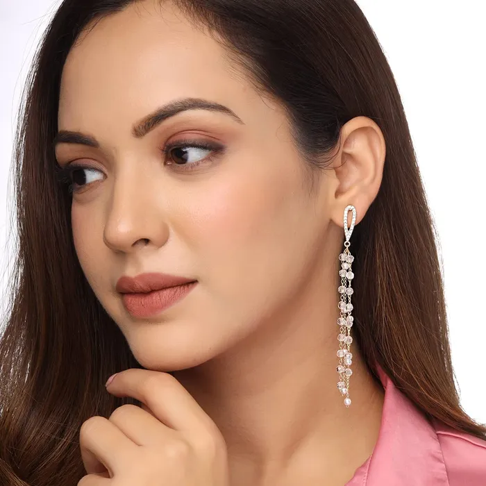 Yellow Chimes Earrings For Women Gold Tone Pearl Studded Teardrop Shape Stud With White Chandelier Tassel Dangler Earrings For Women and Girls Yellow Chimes Rings