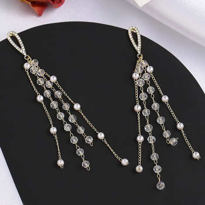 Yellow Chimes Earrings For Women Gold Tone Pearl Studded Teardrop Shape Stud With White Chandelier Tassel Dangler Earrings For Women and Girls Yellow Chimes Rings