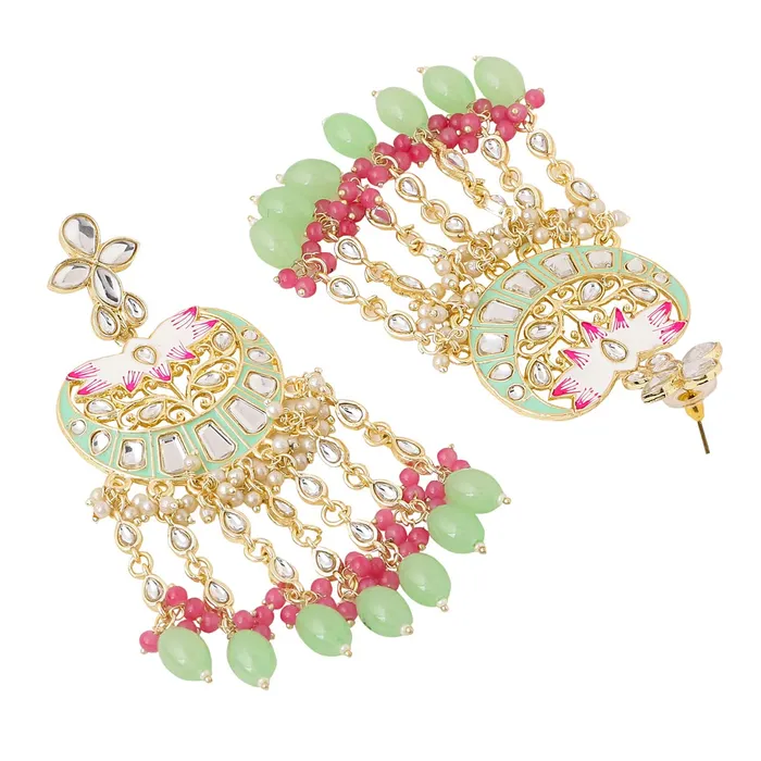 Yellow Chimes Earrings for Women Gold Toned Kundan Studded Pink Beads Long Dangler Earrings for Women and Girls Yellow Chimes Necklaces