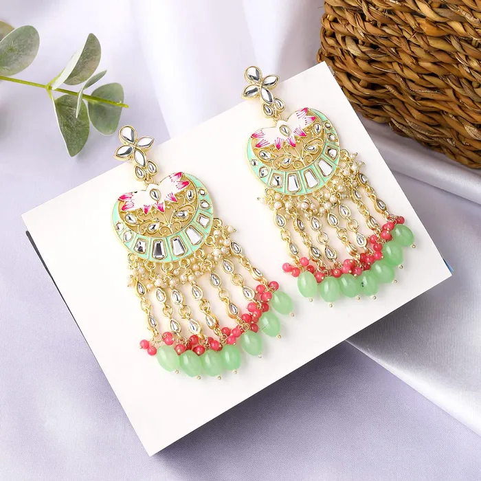 Yellow Chimes Earrings for Women Gold Toned Kundan Studded Pink Beads Long Dangler Earrings for Women and Girls Yellow Chimes Necklaces