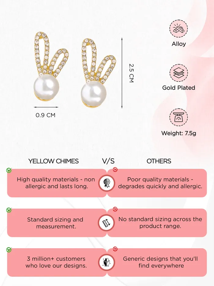 Yellow Chimes Earrings For Women Gold Toned Round Shaped Pearl Stud Crystal Studded Earrings For Women and Girls Yellow Chimes Necklaces