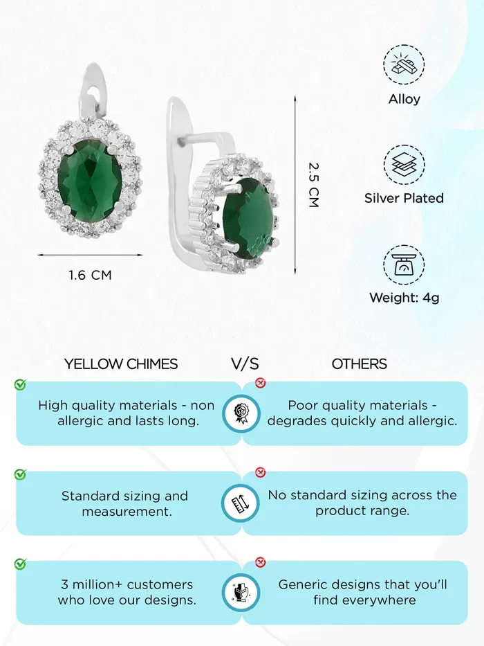 Yellow Chimes Earrings For Womens Girls Fashion Green And White Crystal Stone Studs Silver Tone Earring Ovel Shaped Clip On Stud Earrings Birthday Anniversary Gift Yellow Chimes Necklaces