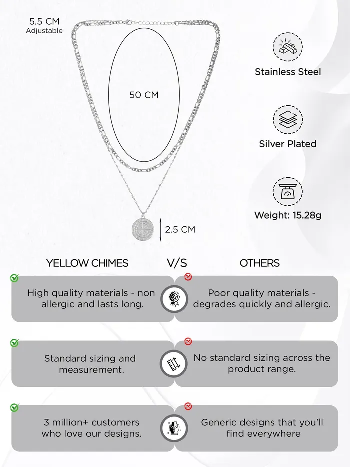 Yellow Chimes Earrings Men Chain Pendant Silver Stainless Steel Neck Chain Rhodium Plated 515cm