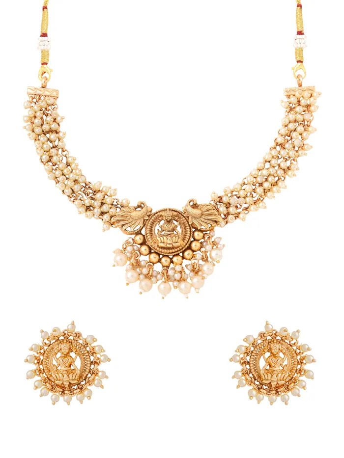 Yellow Chimes Earrings Temple Jewellery Set Golden Necklace with Pearls One Size Gold